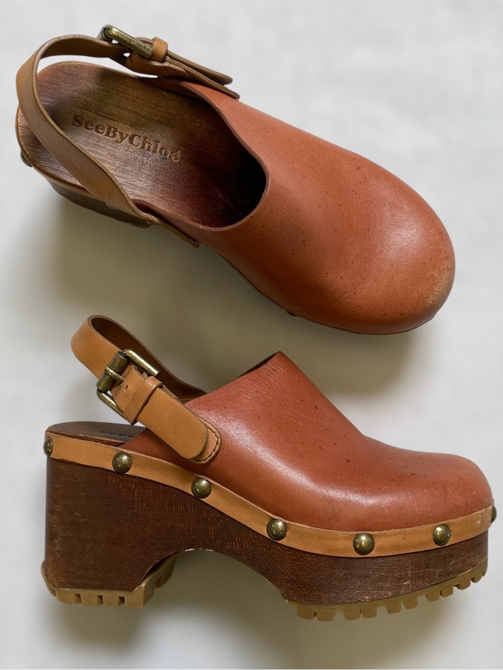 See By Chloe Leather Studded Sling Wooden Clog Size 35 - Picture 11 of 11
